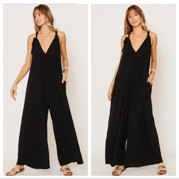 FAVORITE Fabulous Tie shoulder Black Maxi wide leg jumpsuit - Picture 5 of 5